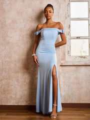 Off-the-shoulder Sheath/Column Floor Length Dresses With Slit Sky Blue