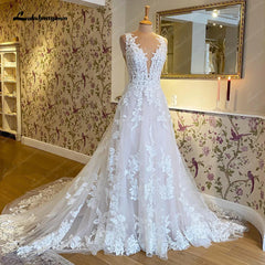 Customized Lace Appliques Beach Wedding Dress Boho Gowns