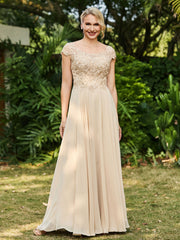 Scoop Neckline Appliqued A-line Chiffon Dress Champagne