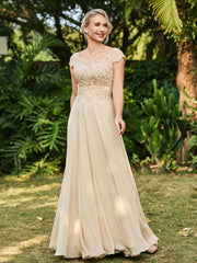 Scoop Neckline Appliqued A-line Chiffon Dress Champagne