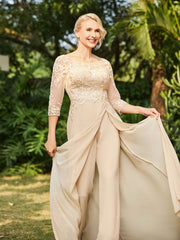 Illusion Neckline Lace Appliqued Jumpsuit Champagne