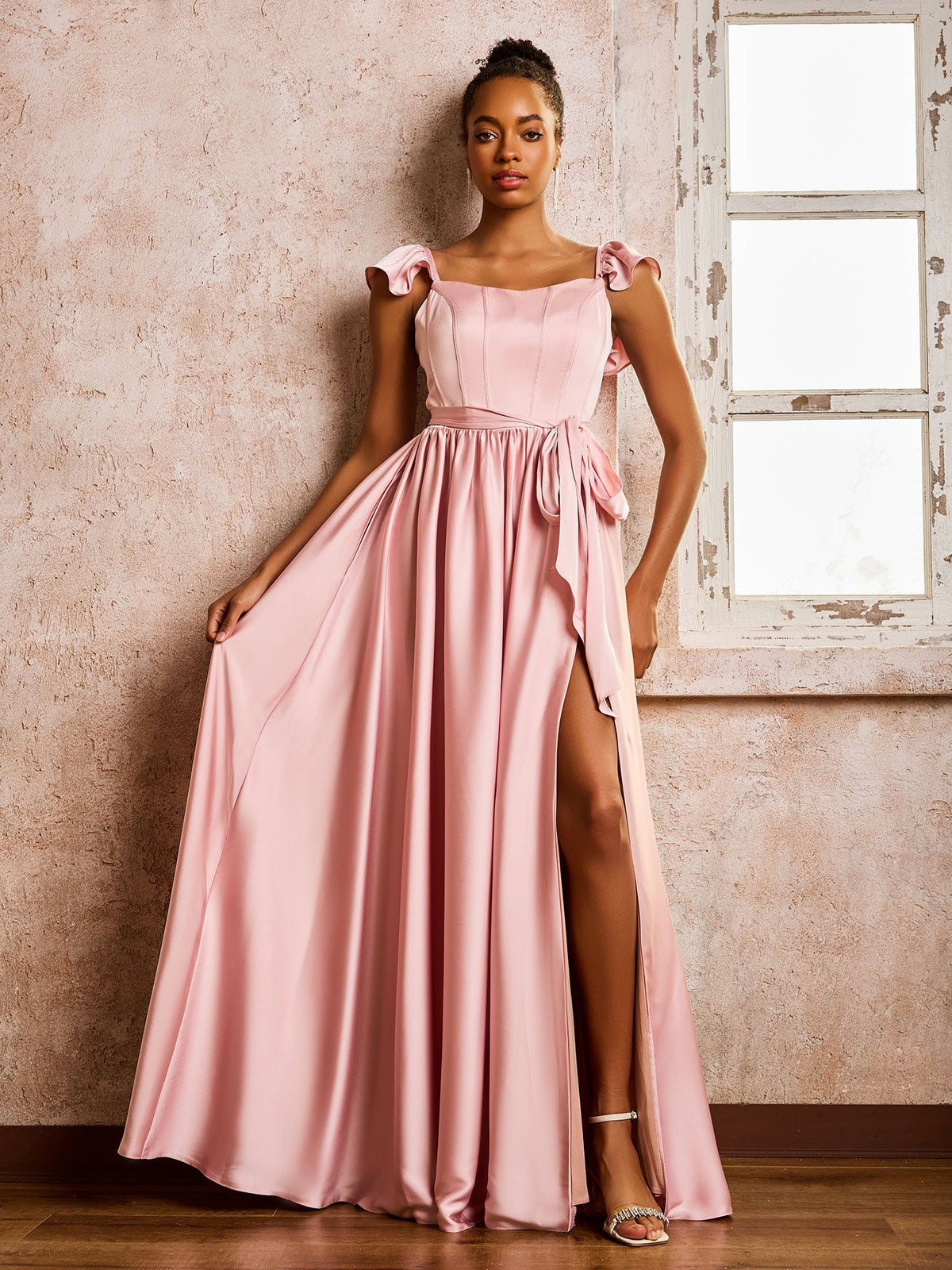 Square Neck Flutter Sleeves A-line High Slit Dresses With Belt Dusty Rose