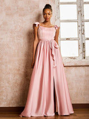 Square Neck Flutter Sleeves A-line High Slit Dresses With Belt Dusty Rose