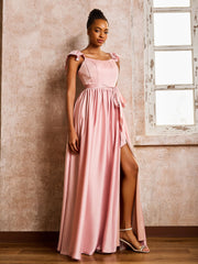 Square Neck Flutter Sleeves A-line High Slit Dresses With Belt Dusty Rose