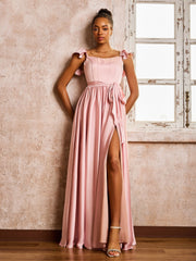Square Neck Flutter Sleeves A-line High Slit Dresses With Belt Dusty Rose