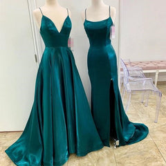 A Line Long Satin Emerald Green Prom Dresses 2024 with Split