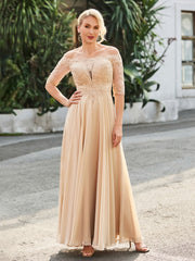 Off-the-shoulder Appliqued Half Sleeve Dress Champagne