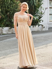 Off-the-shoulder Appliqued Half Sleeve Dress Champagne