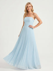 Strapless Chiffon Maxi Dress with Pleated A-Line Skirt Sky Blue