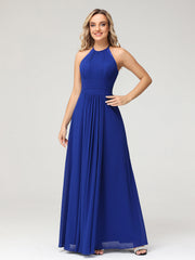 Halter Chiffon Long Gown With Lace Strap Royal Blue