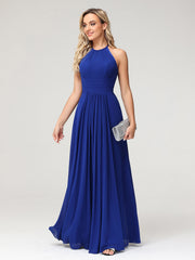 Halter Chiffon Long Gown With Lace Strap Royal Blue