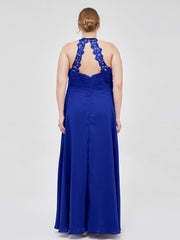 Halter Chiffon Long Gown With Lace Strap Royal Blue