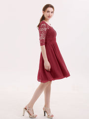 Lace and Chiffon Short Dress with Half Sleeves Burgundy