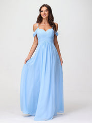 Off Shoulder Spaghetti Strap Chiffon Dresses Blue