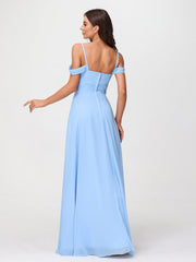 Off Shoulder Spaghetti Strap Chiffon Dresses Blue