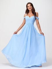 Off Shoulder Spaghetti Strap Chiffon Dresses Blue