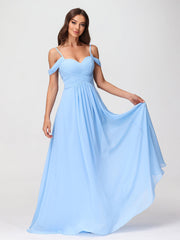 Off Shoulder Spaghetti Strap Chiffon Dresses Blue