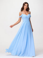 Off Shoulder Spaghetti Strap Chiffon Dresses Blue