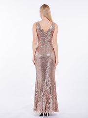 Sheath V neck Sequins Long Dress Metallic Gold