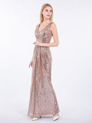 Sheath V neck Sequins Long Dress Metallic Gold