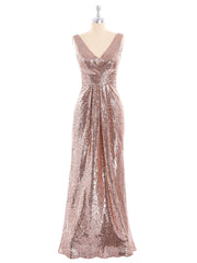 Sheath V neck Sequins Long Dress Metallic Gold