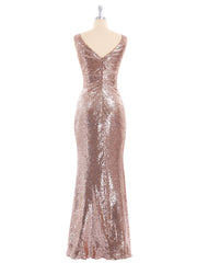 Sheath V neck Sequins Long Dress Metallic Gold