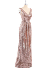 Sheath V neck Sequins Long Dress Metallic Gold
