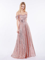 Long Sequins Dress with Off the Shoulder Rose Gold