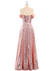 Long Sequins Dress with Off the Shoulder Rose Gold