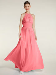 Halter Chiffon And Lace Long Dresses Watermelon
