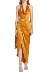 Off shoulder satin hanging neck sleeveless backless prom dress