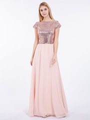 Sequins Long Dress with Cap Sleeves Rose Gold