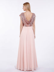 Sequins Long Dress with Cap Sleeves Rose Gold