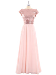 Sequins Long Dress with Cap Sleeves Rose Gold