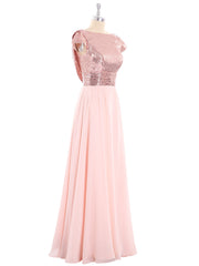 Sequins Long Dress with Cap Sleeves Rose Gold