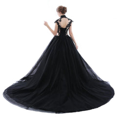 High Neck Lace Tulle Black Wedding Dresses Ball Gowns