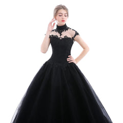 High Neck Lace Tulle Black Wedding Dresses Ball Gowns