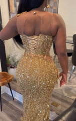 Long Mermaid Sequin Gold Sleeveless Lace-Up Prom Dresses