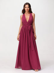 Deep V Neckline Chiffon Dress with Sash Bow Mulberry