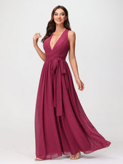 Deep V Neckline Chiffon Dress with Sash Bow Mulberry
