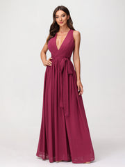 Deep V Neckline Chiffon Dress with Sash Bow Mulberry