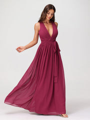 Deep V Neckline Chiffon Dress with Sash Bow Mulberry