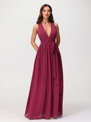 Deep V Neckline Chiffon Dress with Sash Bow Mulberry