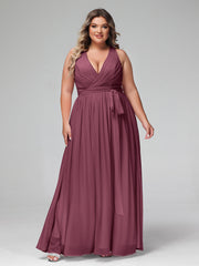 Deep V Neckline Chiffon Dress with Sash Bow Mulberry