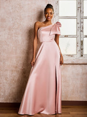 Bowed One Shoulder A-line Dresses With Front Slit Dusty Rose