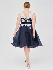 Illusion Neck Organza with Ivory Lace Appliqued Dark Navy Plus Size