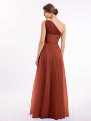 One Shoulder Mesh Wedding Party Bridesmaid Gown Rust