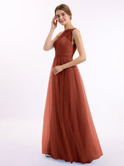 One Shoulder Mesh Wedding Party Bridesmaid Gown Rust