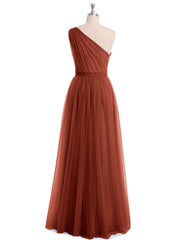 One Shoulder Mesh Wedding Party Bridesmaid Gown Rust