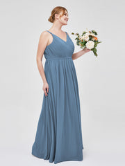 Double Strap Chiffon Bridesmaid Dresses Slate Blue Plus Size